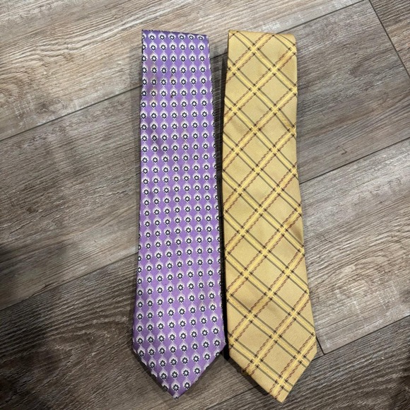 Burberry London Mens 100% Silk Necktie Lot 2 Yellow Plaid Purple Geometric Italy